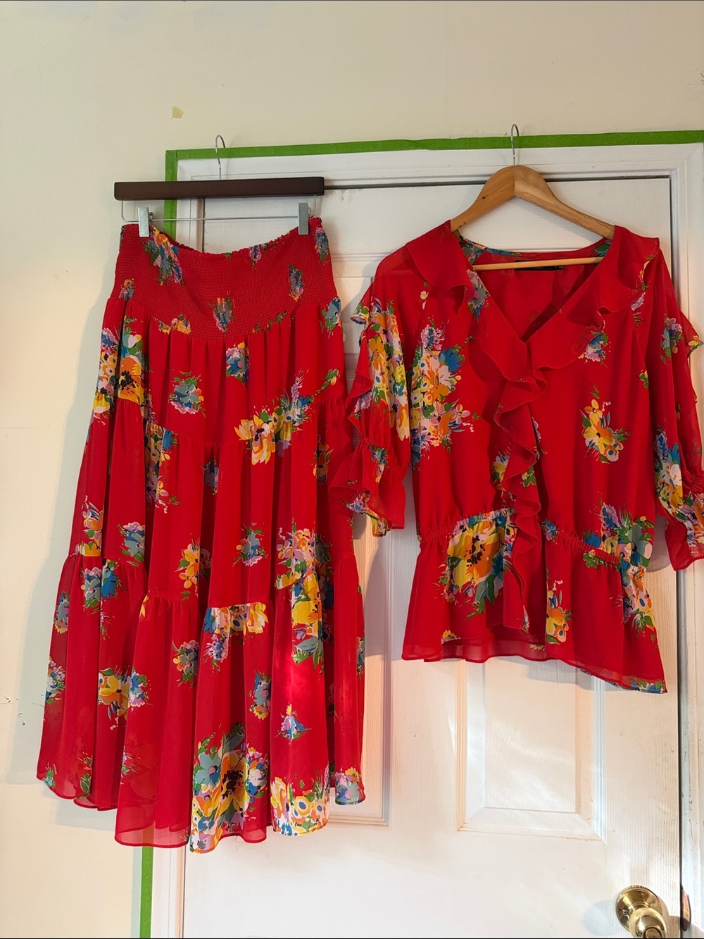 Lauren Ralph Lauren Red Floral Tiered Maxi Skirt and Ruffle Blouse Set